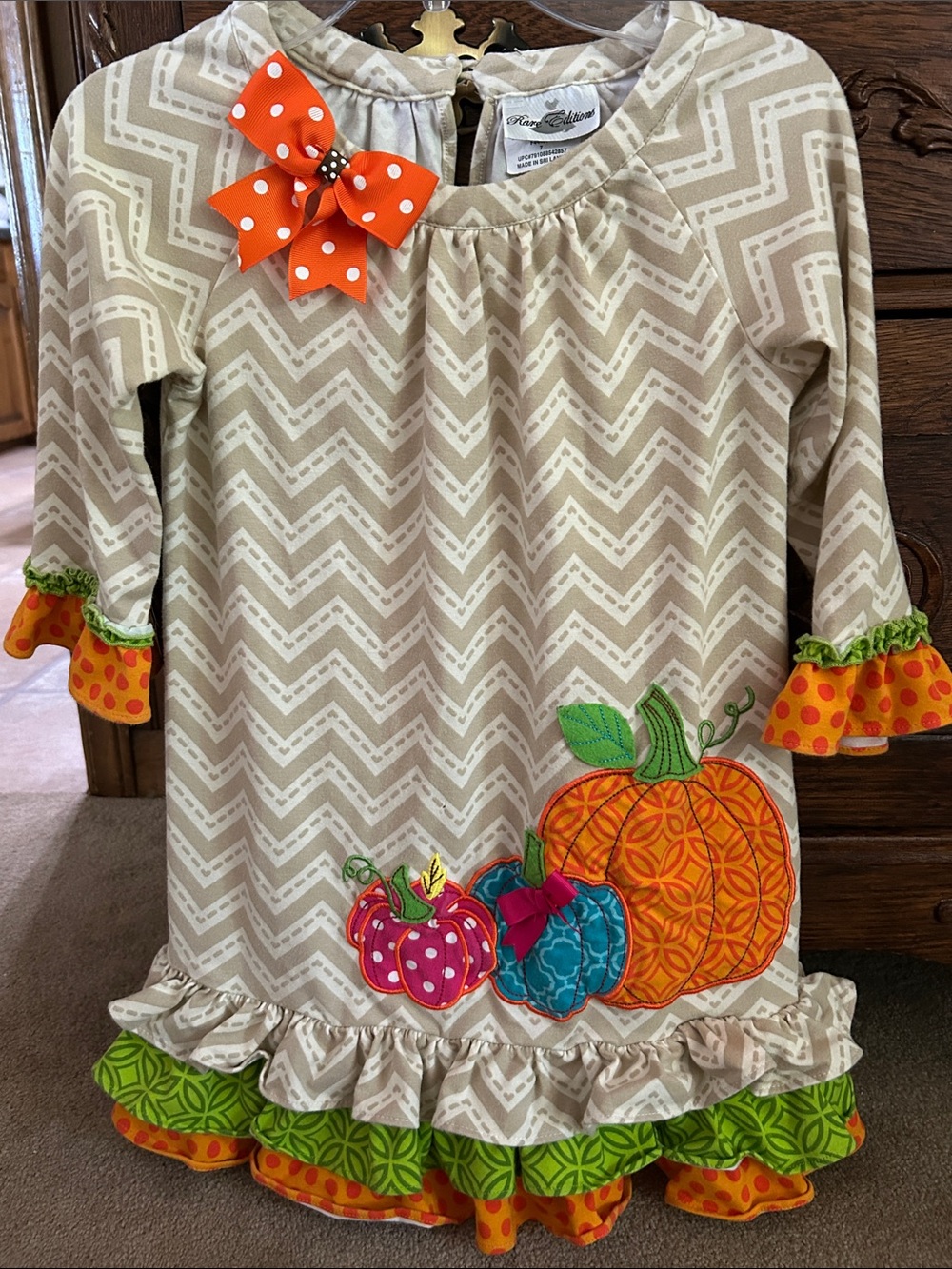 Rare Editions Beige and White Chevron Dress